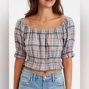 American Eagle Plaid Puff Sleeve Off the Shoulder Cropped Top Women's Size S